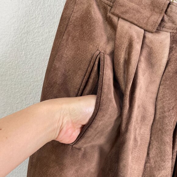 Vintage Outback Red Womens 2 Brown 100% Leather Pleated Midi Skirt Pockets - Picture 6 of 12